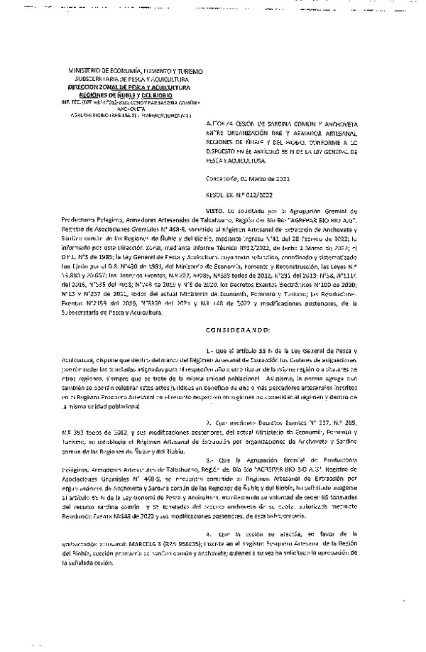 Res. Ex. N° 012-2022 (DZP Ñuble y del Biobío) Autoriza cesión Sardina común y Anchoveta.