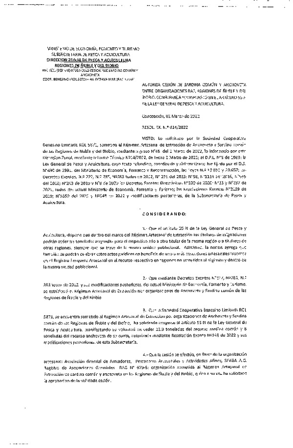 Res. Ex. N° 014-2022 (DZP Ñuble y del Biobío) Autoriza cesión Sardina común y Anchoveta.