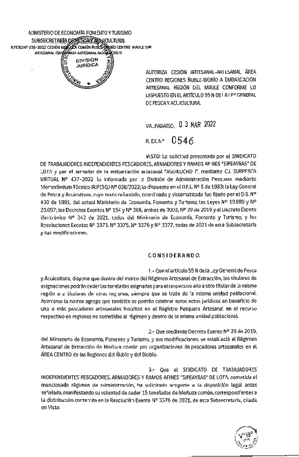 Res Ex N° 546-2022, Autoriza Cesión Regiones de Ñuble-Biobío a Embarcación Artesanal Región del Maule. (Publicado en Página Web 03-03-2022)