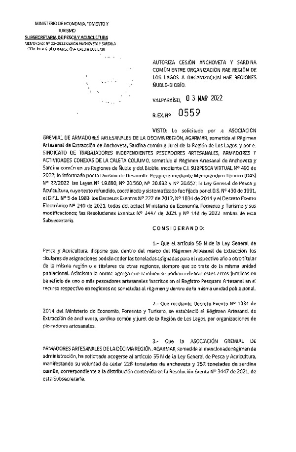Res Ex N° 559-2022, Autoriza Cesión de Anchoveta y Sardina Común, Región de Los Lagos a Regiones de Ñuble-Biobío. (Publicado en Página Web 03-03-2022)