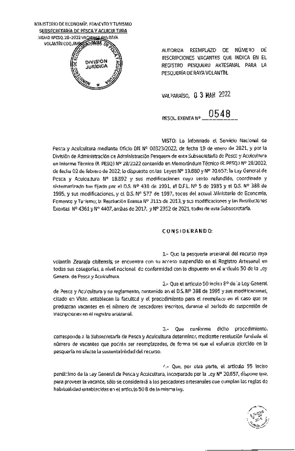Res. Ex. N° 548-2021 Autoriza Reemplazo de Número de Inscripciones Vacantes que Indica, en el Registro Pesquero Artesanal para la Pesquería de Raya Volantín. (Publicado en Página Web 03-03-2022)