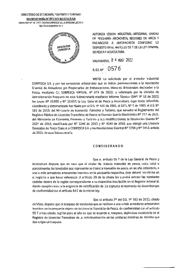 Res. Ex. N° 576-2022 Autoriza Cesión Anchoveta, Regiones de Arica y Parinacota a Región de Antofagasta. (Publicado en Página Web 04-03-2022)