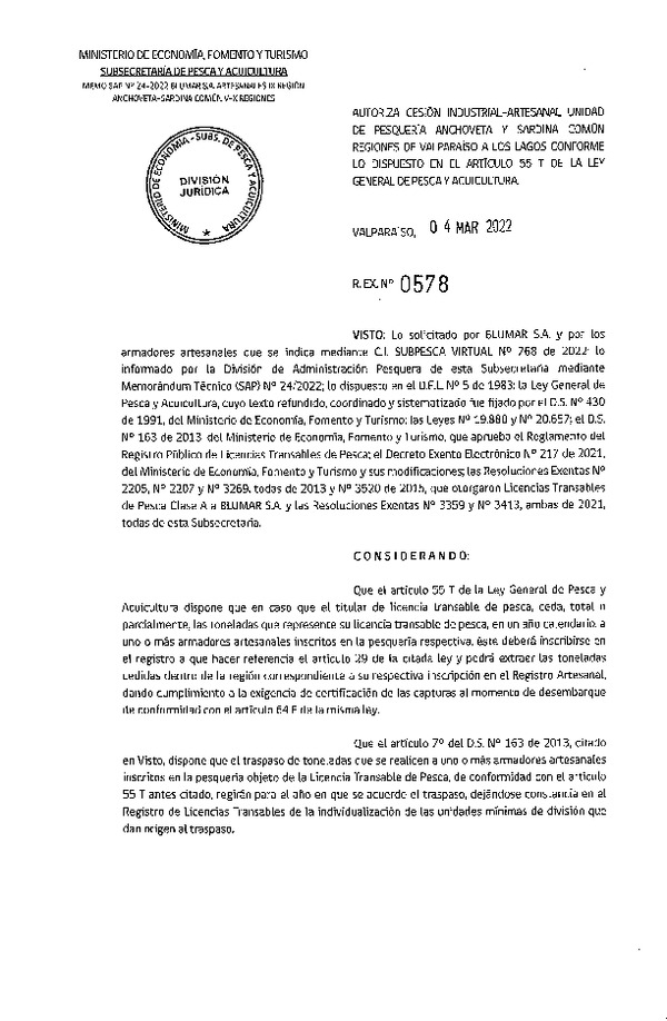 Res. Ex. N° 578-2022, Autoriza Cesión unidad de pesquería Anchoveta y Sardina Común, Regiones Valparaíso a Los Lagos. (Publicado en Página Web 04-03-2022)