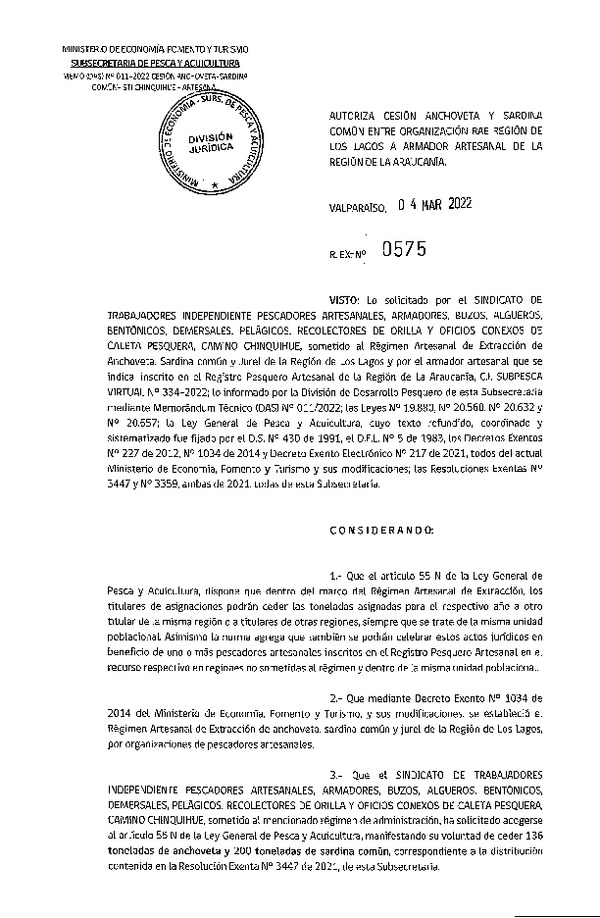 Res. Ex. N° 575-2022 Autoriza cesión Anchoveta y Sardina común, Región de Los Lagos a La Araucanía. (Publicado en Página Web 04-03-2022)