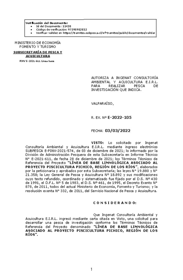 R. EX. Nº E-2022-105 LÍNEA DE BASE LIMNOLÓGICA ASOCIADO AL PROYECTO PISCICULTURA PICHICO, REGIÓN DE LOS RÍOS. (Publicado en Página Web 07-03-2022)