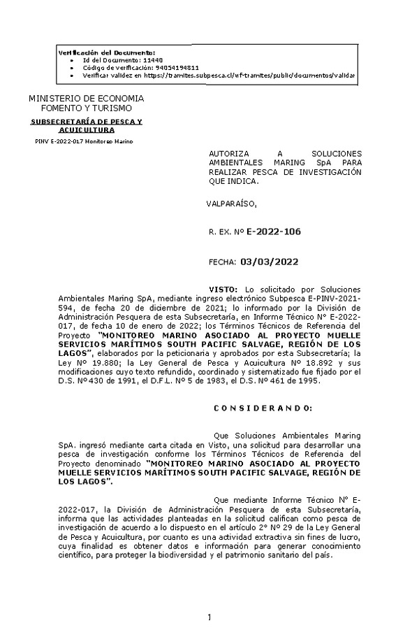 R. EX. Nº E-2022-106 MONITOREO MARINO ASOCIADO AL PROYECTO MUELLE SERVICIOS MARÍTIMOS SOUTH PACIFIC SALVAGE, REGIÓN DE LOS LAGOS. (Publicado en Página Web 07-03-2022)