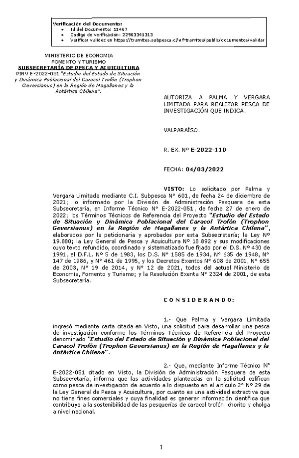 R. EX. Nº E-2022-110 Estudio del Estado de Situación y Dinámica Poblacional del Caracol Trofón (Trophon Geversianus) en la Región de Magallanes y la Antártica Chilena. (Publicado en Página Web 07-03-2022)