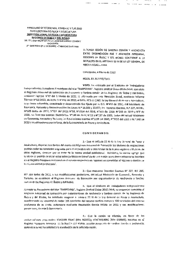 Res. Ex. N° 015-2022 (DZP Ñuble y del Biobío) Autoriza cesión Sardina común y Anchoveta. (Publicado en Página Web 07-03-2022)
