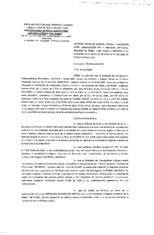 Res. Ex. N° 017-2022 (DZP Ñuble y del Biobío) Autoriza cesión Sardina común y Anchoveta. (Publicado en Página Web 07-03-2022)