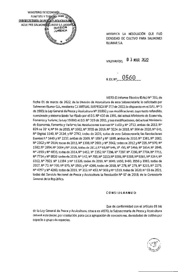 Res. Ex. N° 560-2022 Modifica Res. Ex N° 641-2021 Fija densidad de cultivo para Salmones Blumar S.A. (Con Informe Técnico) (Publicado en Página Web 07-03-2022).