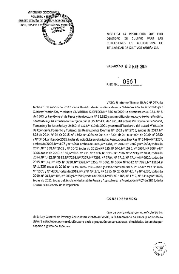 Res. Ex. N° 561-2022 Modifica Res. Ex. N° 3464-2021 Fija densidad de cultivo para las concesiones de titularidad de Cultivos Yadrán S.A. (Publicado en Página Web 04-01-2022) (Con Informe Técnico) (Publicado en Página Web 07-03-2022).