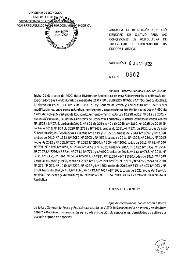 Res. Ex. N° 562-2022 Modifica Res. Ex. N° 3434-2021 Fija densidad de cultivo para las concesiones de titularidad de Exportadora Los Fiordos Limitada (Publicado en Página Web 04-01-2022) (Con Informe Técnico) (Publicado en Página Web 07-03-2022).