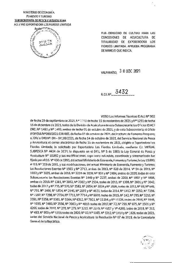 Res. Ex. N° 3432-2021 Fija densidad de cultivo para las concesiones de titularidad de Exportadora Los Fiordos Limitada (Con Informe Técnico).