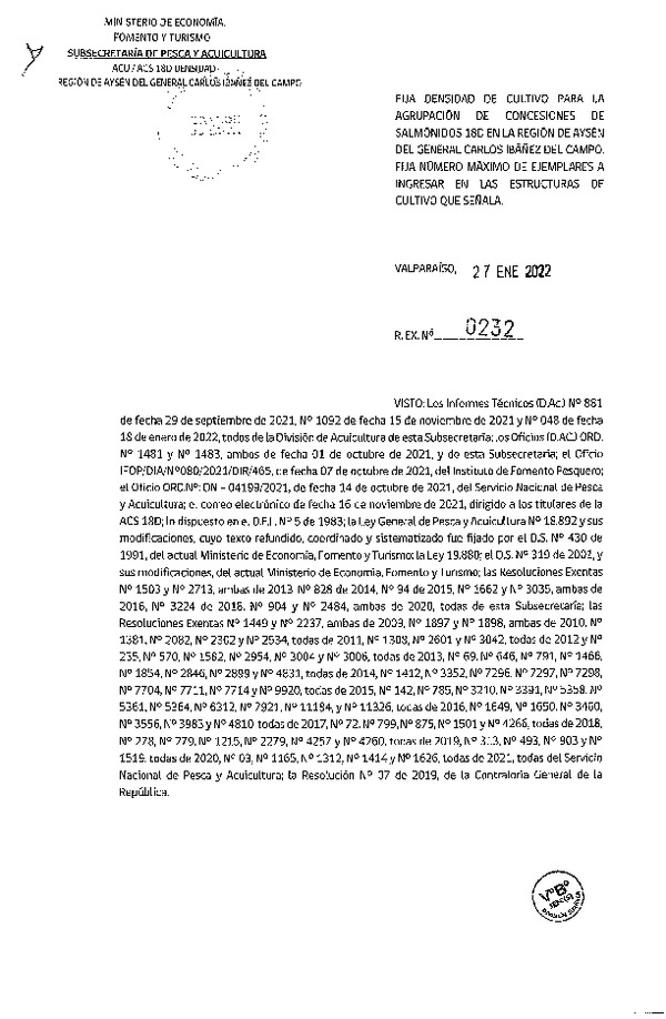 Res. Ex. N° 0232-2022, Fija Densidad de Cultivo para las Agrupación de Concesiones de Salmónidos 18D en la Región de Aysén. (F.D.O. 03-02-2022))