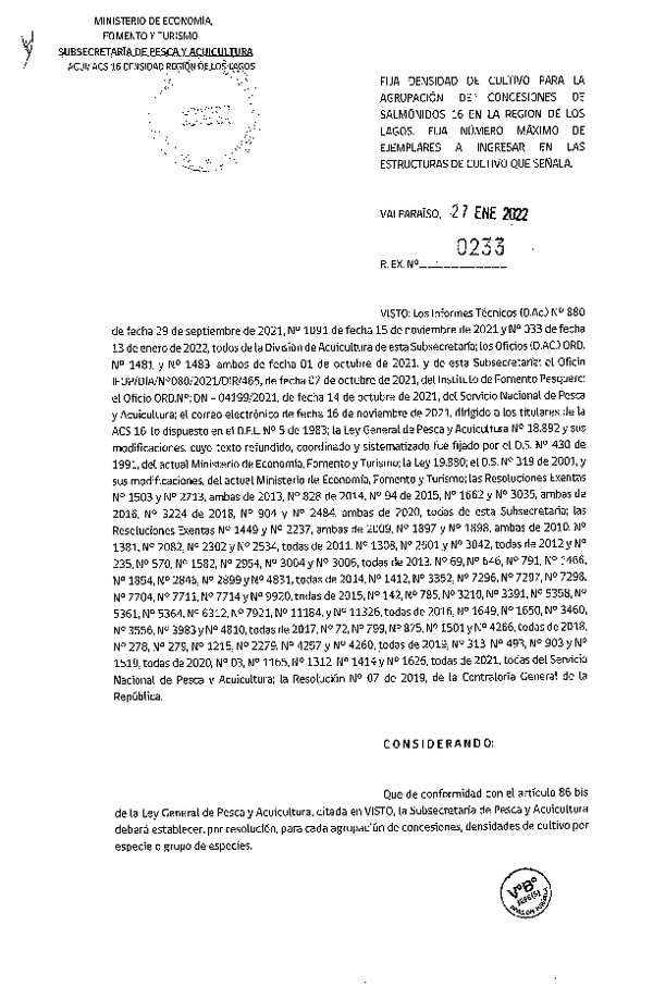 Res. Ex. N° 0233-2022, Fija Densidad de Cultivo para las Agrupación de Concesiones de Salmónidos 16 en la Región de Los Lagos. (F.D.O. 03-02-2022))