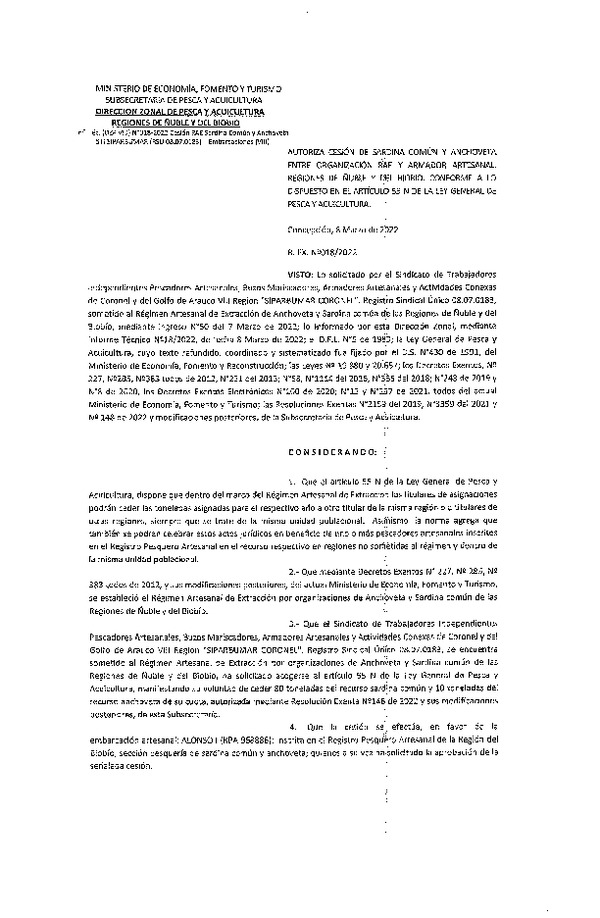 Res. Ex. N° 018-2022 (DZP Ñuble y del Biobío) Autoriza cesión Sardina común y Anchoveta. (Publicado en Página Web 08-03-2022)
