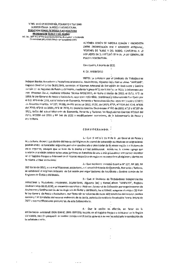 Res. Ex. N° 019-2022 (DZP Ñuble y del Biobío) Autoriza cesión Sardina común y Anchoveta. (Publicado en Página Web 08-03-2022)