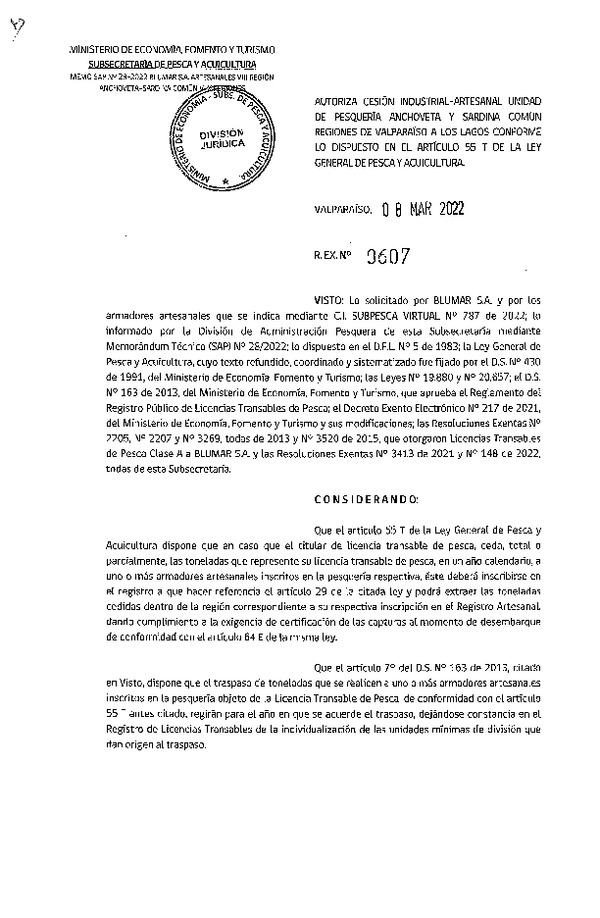Res. Ex. N° 0607-2022, Autoriza Cesión unidad de pesquería Anchoveta y Sardina Común, Regiones Valparaíso a Los Lagos. (Publicado en Página Web 09-03-2022)