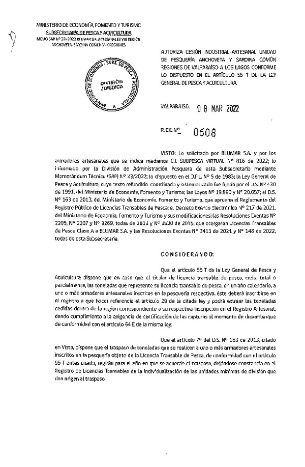  Res. Ex. N° 0608-2022, Autoriza Cesión unidad de pesquería Anchoveta y Sardina Común, Regiones Valparaíso a Los Lagos. (Publicado en Página Web 09-03-2022)