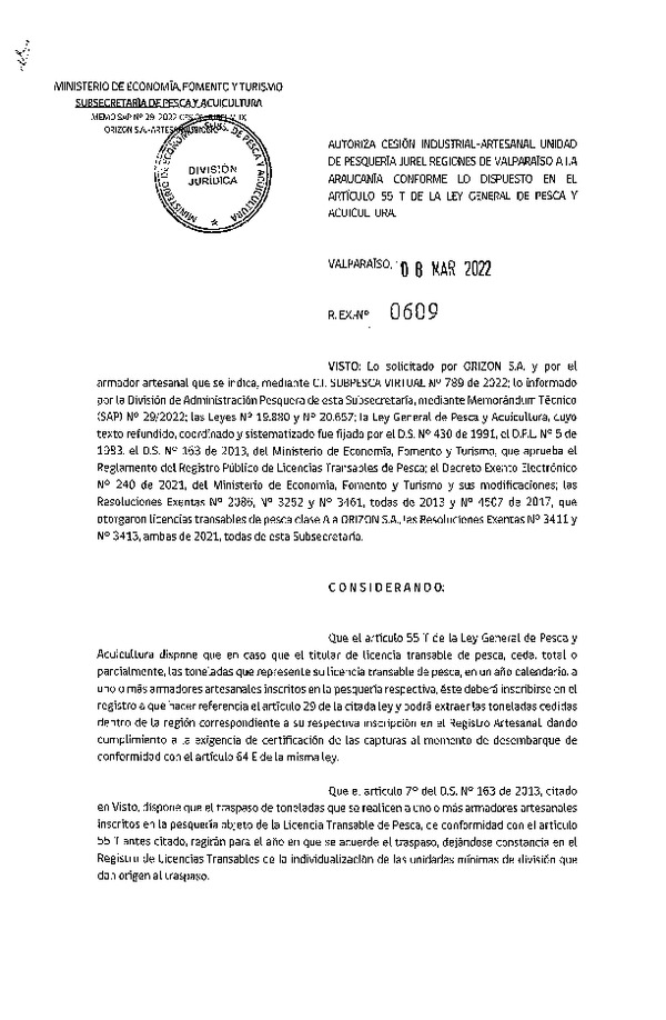 Res Ex N° 0609-2022, Autoriza Cesión de Jurel Regiones de Valparaíso a La Araucanía. (Publicado en Página Web 09-03-2022).