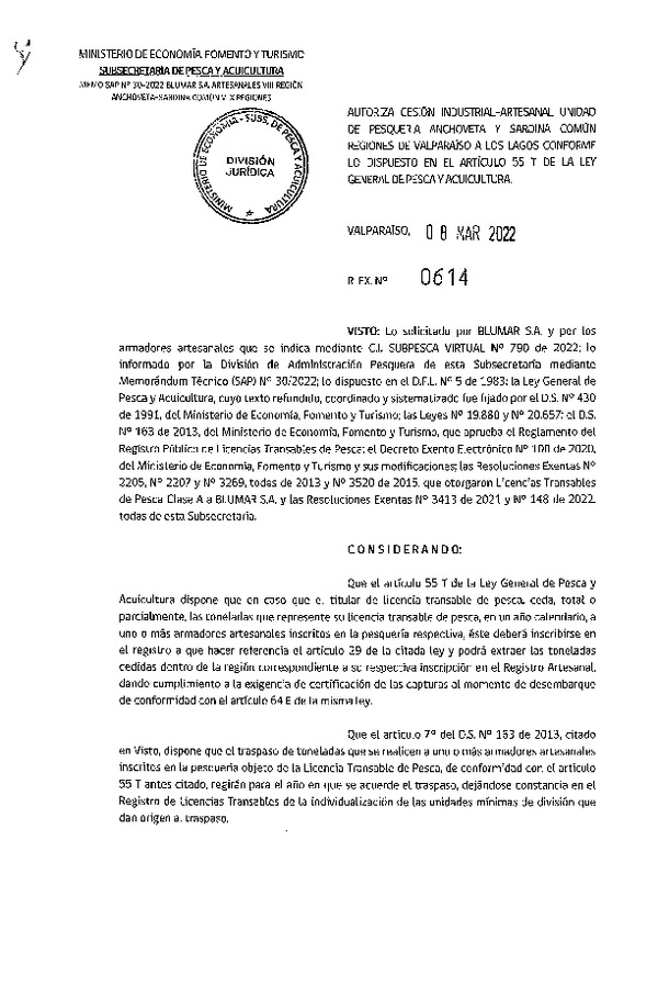 Res. Ex. N° 0614-2022, Autoriza Cesión unidad de pesquería Anchoveta y Sardina Común, Regiones Valparaíso a Los Lagos. (Publicado en Página Web 09-03-2022)