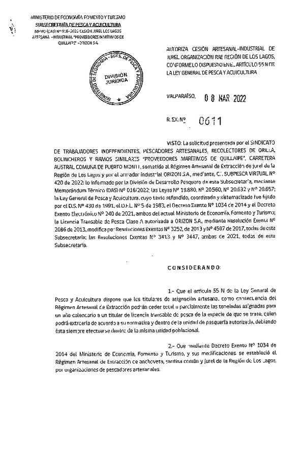 Res Ex N° 0611-2022, Autoriza Cesión de Jurel Región de Los Lagos. (Publicado en Página Web 09-03-2022).