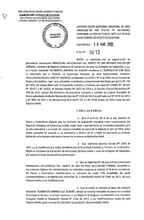 Res Ex N° 0612-2022, Autoriza Cesión de Jurel Región de Valparaíso. (Publicado en Página Web 09-03-2022).