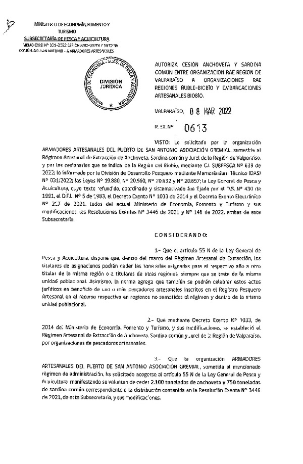 Res Ex N° 0613-2022, Autoriza Cesión de Anchoveta y Sardina Común, Región de Valparaíso a Regiones de Ñuble-Biobío. (Publicado en Página Web 09-03-2022)