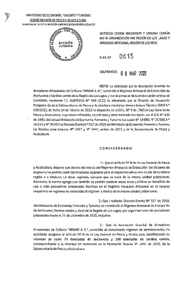 Res. Ex. N° 0615-2022 Autoriza cesión Anchoveta y Sardina común, Región de Los Lagos a Los Ríos. (Publicado en Página Web 09-03-2022)