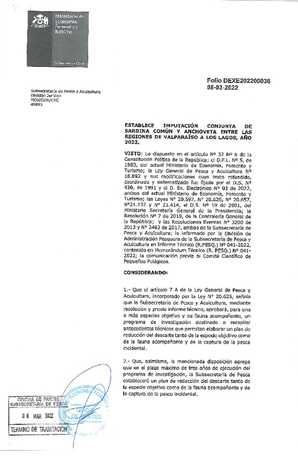 Dec. Ex. Folio N°202200036 Establece Imputación Conjunta de Sardina común y Anchoveta,Entre las Regiones de Valparaíso a Los Lagos, Año 2022. (Publicado en Página Web 09-03-2022)