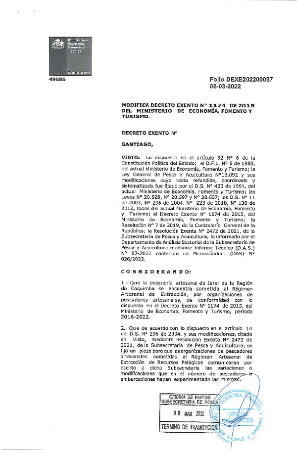 Dec. Ex. Folio N°202200037 Modifica Dec. Ex. N°1174-2015 Establece Régimen Artesanal de Extracción de Jurel en la Región de Coquimbo. (Publicado en Página Web 09-03-2022)