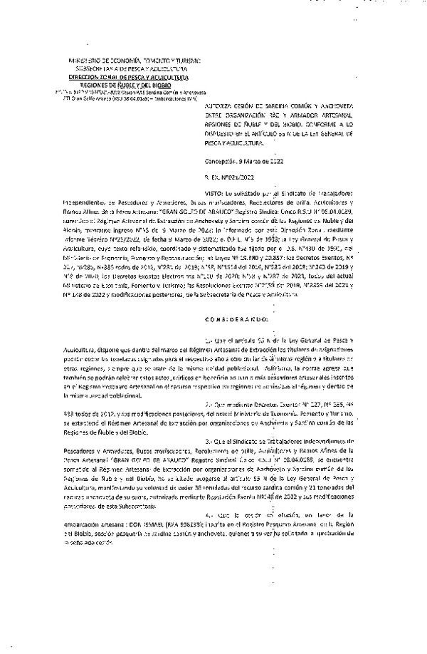 Res. Ex. N° 021-2022 (DZP Ñuble y del Biobío) Autoriza cesión Sardina común y Anchoveta. (Publicado en Página Web 09-03-2022)