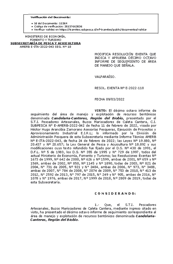 RESOL. EXENTA Nº E-2022-118 Modifica resolución que indica, Aprueba 8° seguimiento. (Publicado en Página Web 09-03-2022)