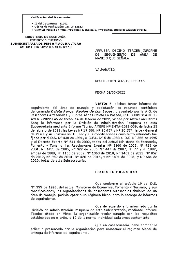 RESOL. EXENTA Nº E-2022-116 Aprueba 13° seguimiento. (Publicado en Página Web 09-03-2022)