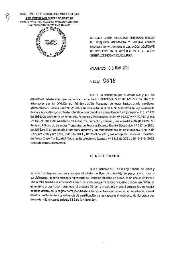 Res. Ex. N° 0618-2022, Autoriza Cesión unidad de pesquería Anchoveta y Sardina Común, Regiones Valparaíso a Los Lagos. (Publicado en Página Web 09-03-2022)