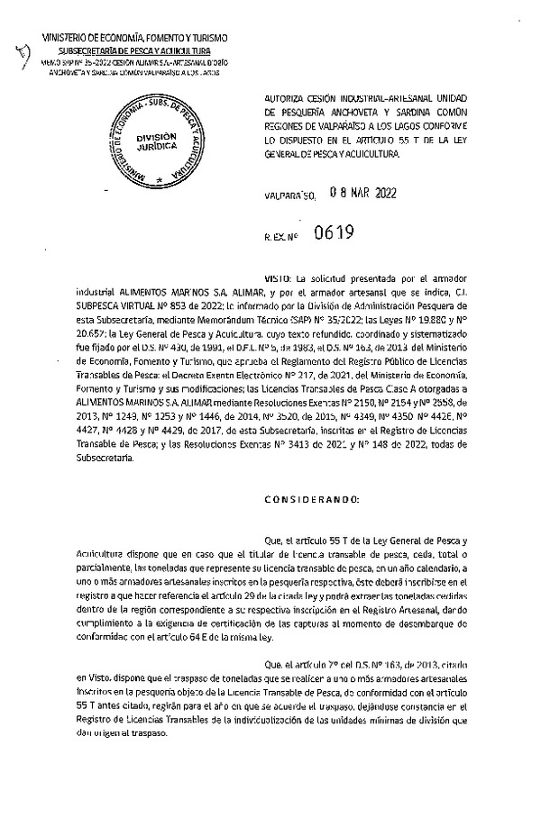 Res. Ex. N° 0619-2022, Autoriza Cesión unidad de pesquería Anchoveta y Sardina Común, Regiones Valparaíso a Los Lagos. (Publicado en Página Web 09-03-2022)