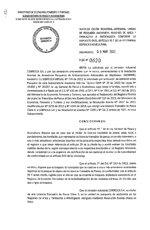 Res. Ex. N° 0620-2022 Autoriza Cesión Anchoveta, Regiones de Arica y Parinacota a Región de Antofagasta. (Publicado en Página Web 09-03-2022)