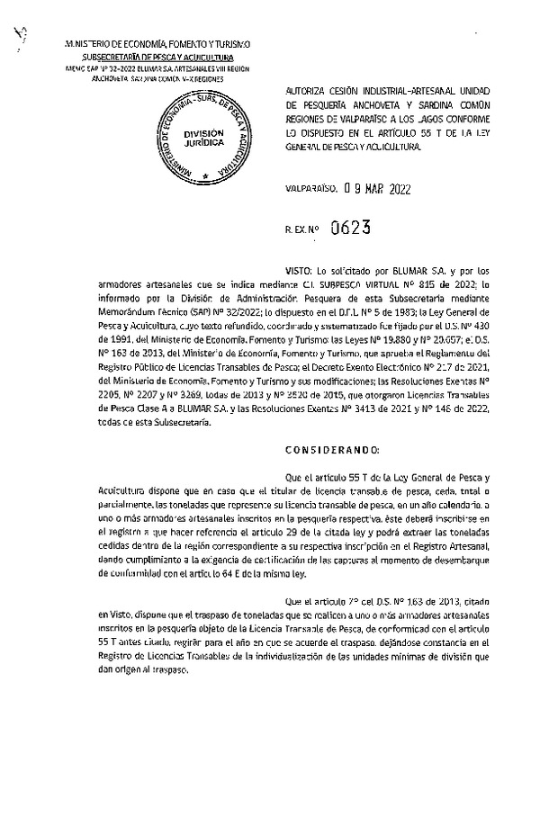 Res. Ex. N° 0623-2022, Autoriza Cesión unidad de pesquería Anchoveta y Sardina Común, Regiones Valparaíso a Los Lagos. (Publicado en Página Web 09-03-2022