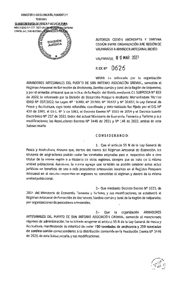 Res Ex N° 0626-2022 Autoriza cesión de pesquería de Anchoveta y Sardina Común, Regiones de Valparaíso a Ñuble - Biobío. (Publicado en Página Web 09-03-2022).