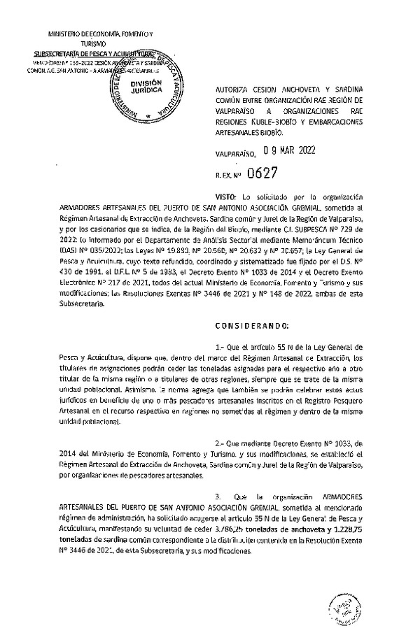Res Ex N° 0627-2022 Autoriza cesión de pesquería de Anchoveta y Sardina Común, Regiones de Valparaíso a Ñuble - Biobío. (Publicado en Página Web 09-03-2022).