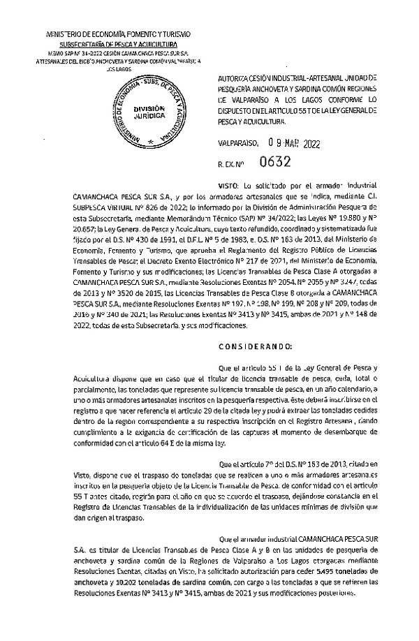 Res. Ex. N° 0632-2022, Autoriza Cesión unidad de pesquería Anchoveta y Sardina Común, Regiones Valparaíso a Los Lagos. (Publicado en Página Web 10-03-2022
