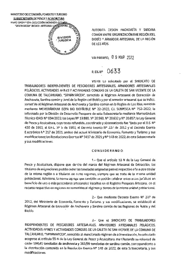 Res. Ex. N° 0633-2022, Autoriza Cesión unidad de pesquería Anchoveta y Sardina Común, Regiones del Biobío a Los Ríos. (Publicado en Página Web 10-03-2022)