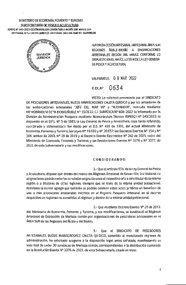 Res Ex N° 634-2022, Autoriza Cesión Área Centro Regiones de Ñuble-Biobío a Embarcación Artesanal Región del Maule. (Publicado en Página Web 10-03-2022)