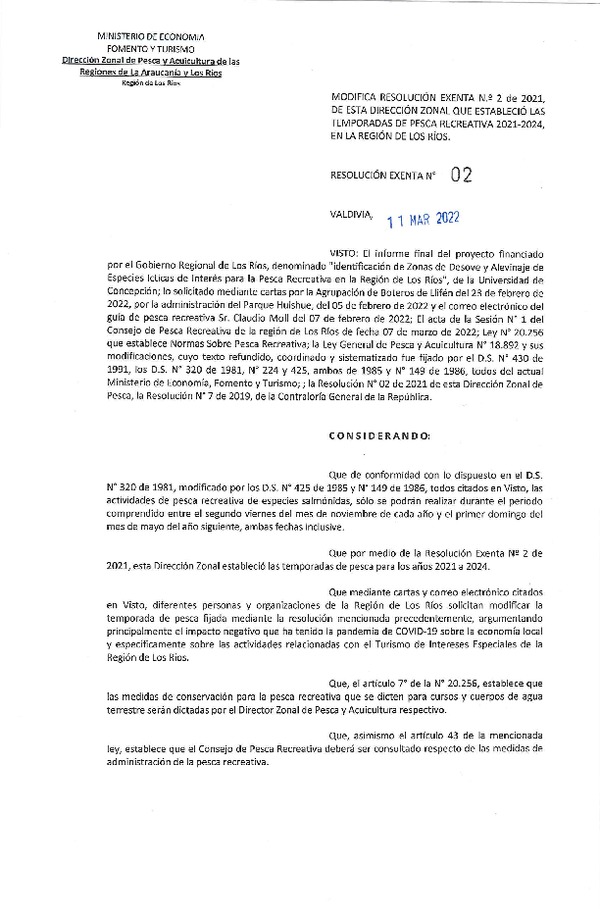 Res. Ex. N° 02-2022 Modifica Res. Ex. N° 02-2021 (DZP La Araucanía y Los Ríos) Establece Temporada de Pesca Recreativa y Prohibición de Pesca Nocturna, Región de Los Ríos. (Publicado en Página Web 11-03-2022)