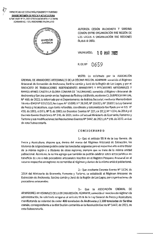 Res. Ex. N° 0659-2022, Autoriza Cesión unidad de pesquería Anchoveta y Sardina Común, Regiones de Los Lagos a Ñuble - Biobío. (Publicado en Página Web 11-03-2022)