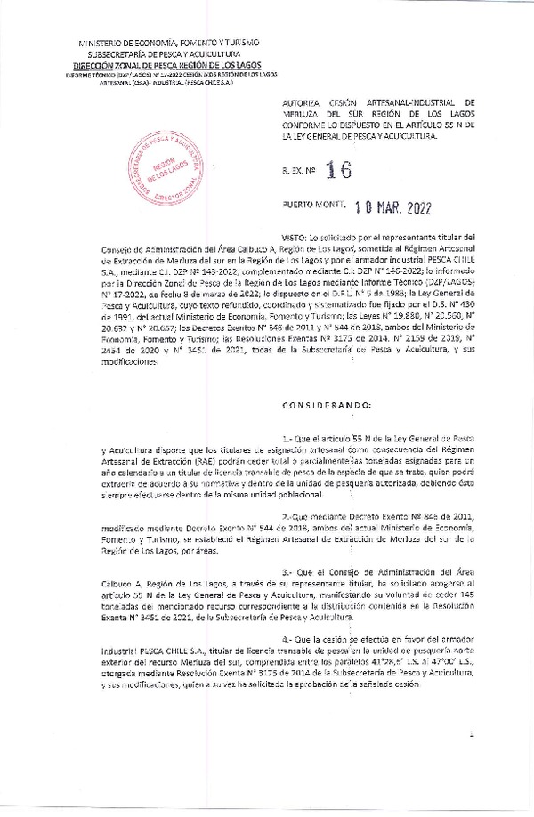 Res. Ex. N° 16-2022 (DZP Región de Los Lagos) Autoriza cesión Merluza del Sur. (Publicado en Página Web 11-03-2022)