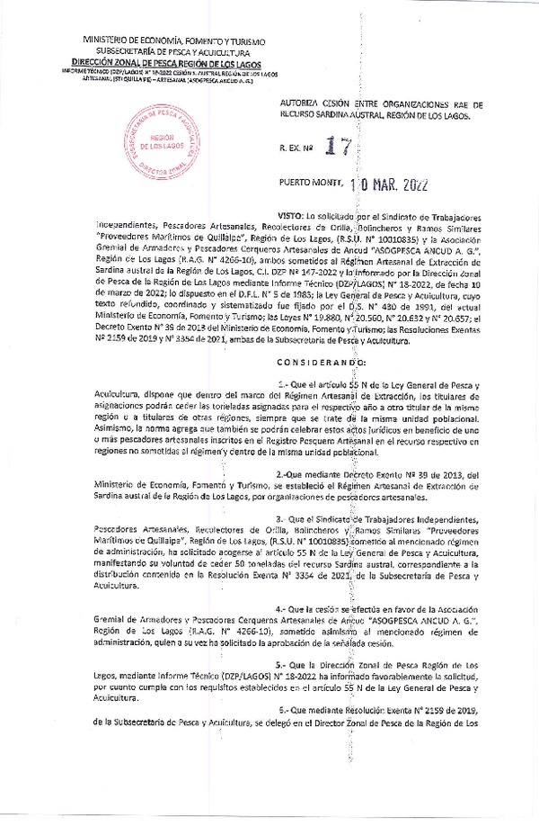 Res. Ex. N° 17-2022 (DZP Los Lagos) Autoriza cesión sardina austral Región de Los Lagos. (Publicado en Página Web 11-03-2022)