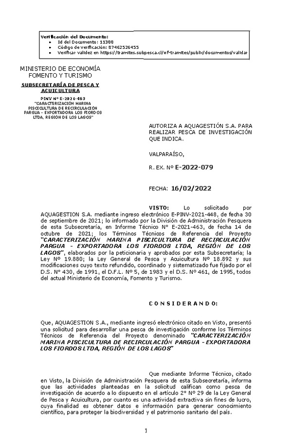 R. EX. Nº E-2022-079 CARACTERIZACIÓN MARINA PISCICULTURA DE RECIRCULACIÓN PARGUA - EXPORTADORA LOS FIORDOS LTDA, REGIÓN DE LOS LAGOS. (Publicado en Página Web 14-03-2022)