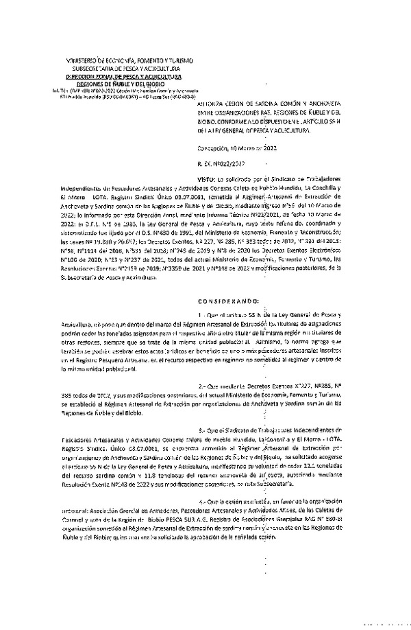 Res. Ex. N° 022-2022 (DZP Ñuble y del Biobío) Autoriza cesión Sardina común y Anchoveta. (Publicado en Página Web 14-03-2022)