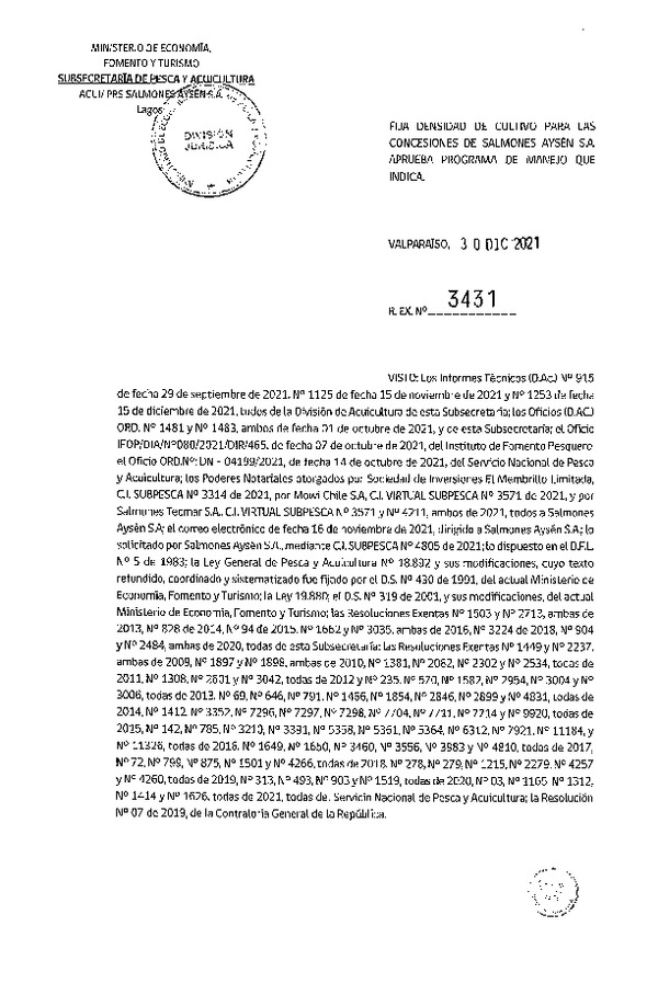 Res. Ex. N° 3431-2021 Fija densidad de cultivo para las concesiones de acuicultura de Salmones Aysén S.A. (Con Informe Técnico).